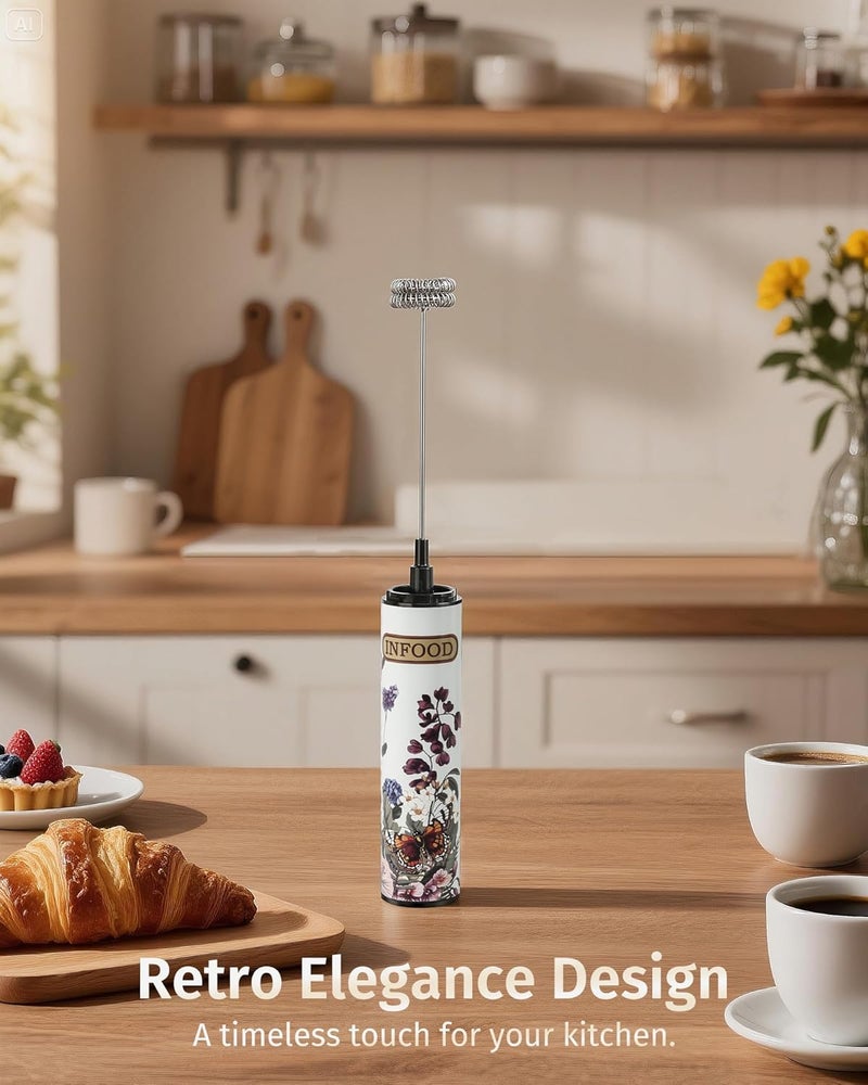 INFOOD Milk Frother Rechargeable with Cover - Coffee Frother Wand, Drink Mixer Handheld with 2 Detachable Stainless Whisks 2 Speed Adjustable for Latte, Cappuccino, Hot Chocolate, Egg, White Floral - Image 3
